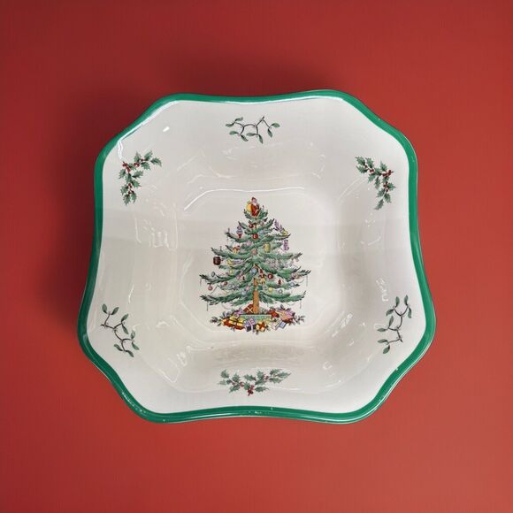 Spode Christmas Tree Holly Octagon Vegetable Salad Serving Bowl 9 1/2 Inches - Picture 1 of 11